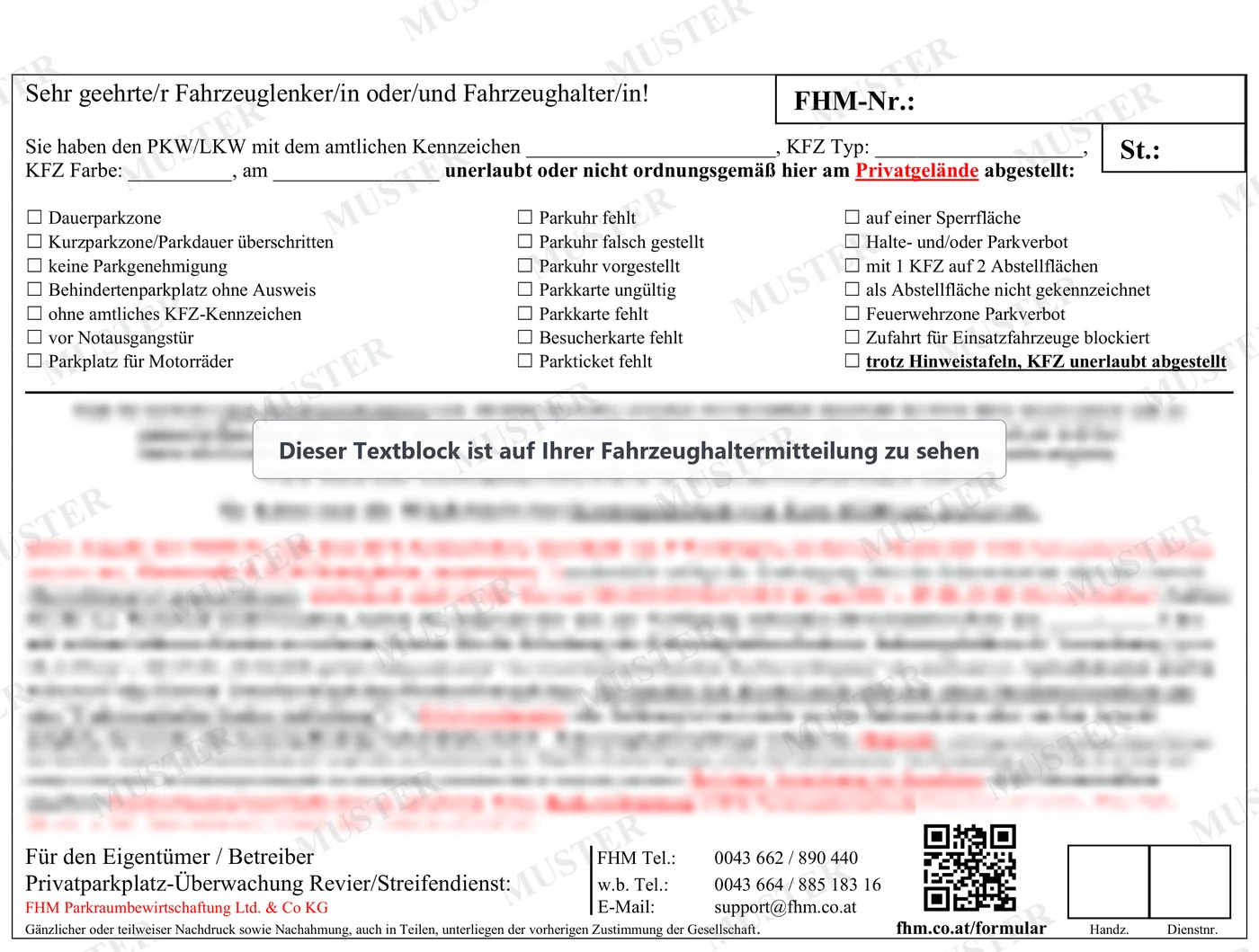 Beispiel einer Fahrzeughaltermitteilung (FHM): oben links die Anrede, oben rechts der Kasten mit der FHM-Nummer, darunter die ankreuzbaren Gründe. Der mittlere Textblock ist unkenntlich gemacht; unten stehen die Kontaktdaten und ein QR-Code, der auf fhm.co.at/formular führt.